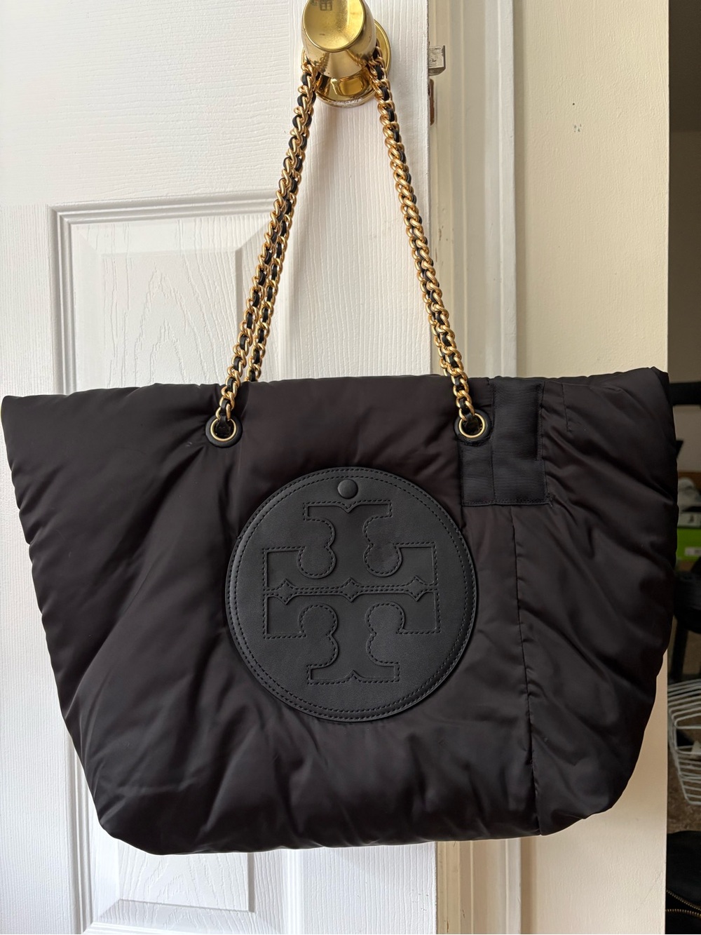 Tory Burch Black Quilted Nylon Tote with Gold Chain Straps